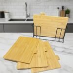 Set de 4 Planches à découper en métal noir et bambou avec support – Image 2