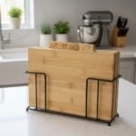 Set de 4 Planches à découper en métal noir et bambou avec support