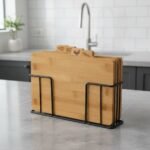 Set de 4 Planches à découper en métal noir et bambou avec support – Image 4