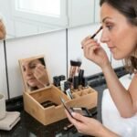 Boite de rangement maquillage en bambou avec miroir...